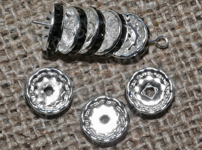 Рондель со стразами 01 большой 12*12*3,7мм серебристый с чёрными стразами (Brass)