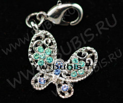 Подвеска Бабочка 28 20*17*3мм с голубыми и св.синими стразами (цветные подвески)