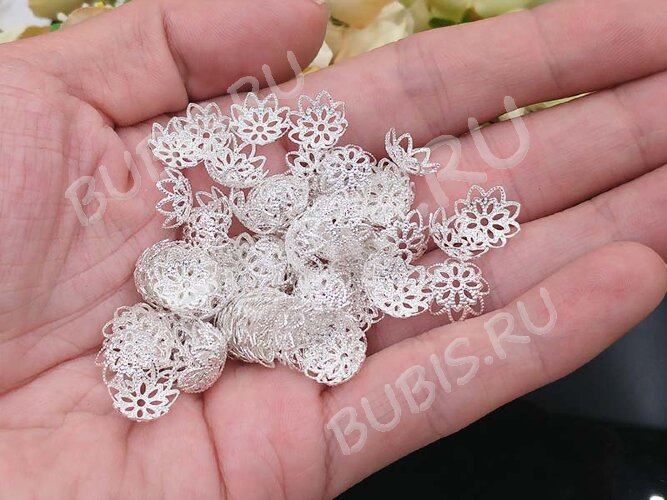 Шапочка тонкая 005 ажурная чашечка 10*10*4мм серебристая (Brass) (имитация скани) (10шт.)