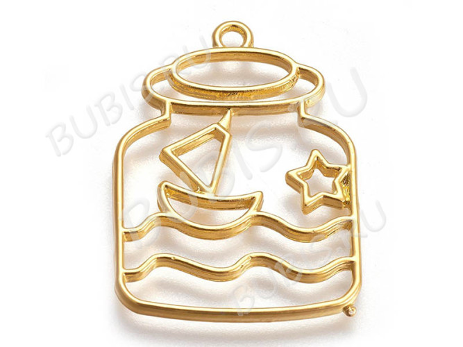 Подвеска Рамка 35 банка с корабликом 35*26*2,3мм золотистая (литьё)