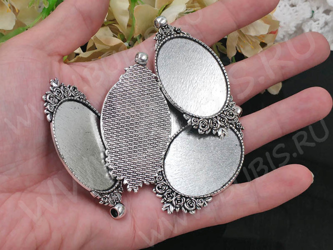 Подвеска-сеттинг Овал 59 с Розами (сеттинг 40*30мм) 62*32*2,4мм античное серебро (литьё)