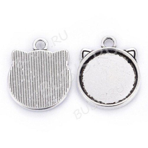 Подвеска-сеттинг Круг 61 Мордочка кошки с сеттингом 15мм 21*17*2мм античное серебро (литьё)