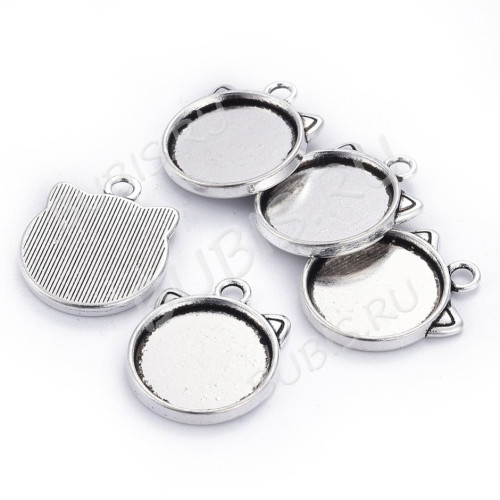 Подвеска-сеттинг Круг 61 Мордочка кошки с сеттингом 15мм 21*17*2мм античное серебро (литьё)