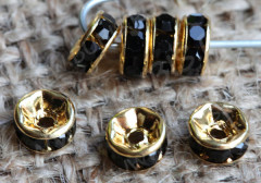 Рондель 15 6*6*2,8мм золотистый с чёрными стразами (Brass)