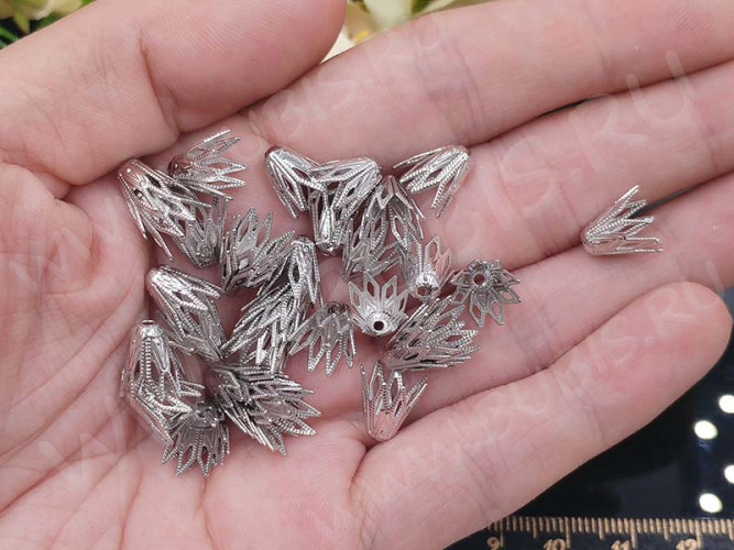 Шапочка тонкая 069 ажурная Конус 10,5*9*4мм цвет платины (LUX Китай) (Brass) (имитация скани)