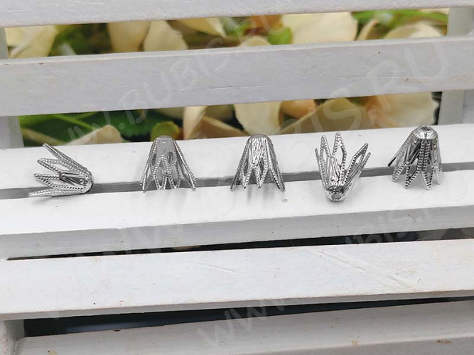 Шапочка тонкая 069 ажурная Конус 10,5*9*4мм цвет платины (LUX Китай) (Brass) (имитация скани)