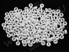 (ОПТ) Бусина таблетка 7*7*4мм с цифрами МИКС бело-чёрная непрозрачная (акрил) (200шт.)