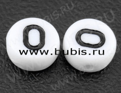 Бусина таблетка 7*4мм с буквой "O" бело-чёрная непрозрачная (акрил)