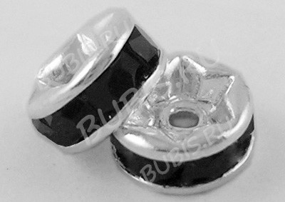 Рондель 11 6*6*2,8мм серебристый с чёрными стразами (Brass)