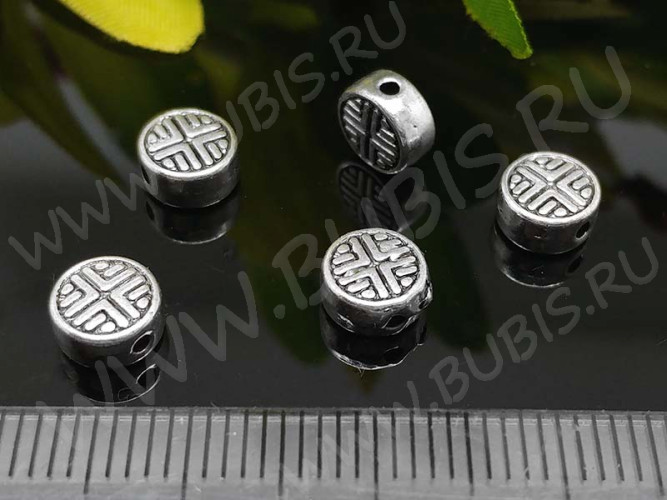 (СКИДКИ!!!) Бусина 108 Таблетка с узором 6,5*6,5*3,3мм античное серебро (литьё)(10шт)