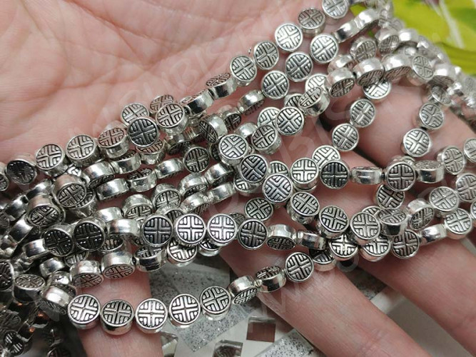 (СКИДКИ!!!) Бусина 108 Таблетка с узором 6,5*6,5*3,3мм античное серебро (литьё)(10шт)
