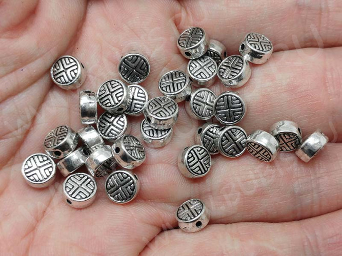 (СКИДКИ!!!) Бусина 108 Таблетка с узором 6,5*6,5*3,3мм античное серебро (литьё)(10шт)