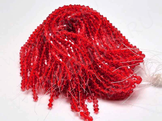 (ОПТ) Бусина кристалл Биконус гранёный 4*4мм Хрусталь красный прозрачный (имитация Сваровски) (НИТЬ)