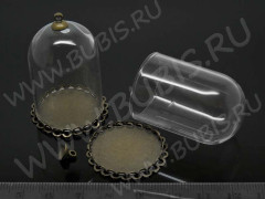 Пузырь стеклянный 10 Колба+сеттинг+шапочка с петлёй 38*25*25мм прозрачная и античная бронза (стекло и  Brass)