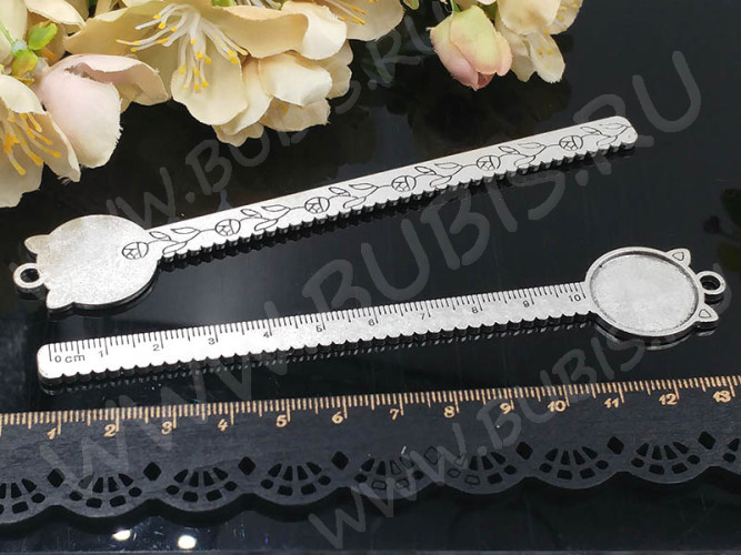 Подвеска-сеттинг Круг 52 закладка линейка с Кошкой (сеттинг 20мм) 130*22,5*1,8мм античное серебро (литьё)