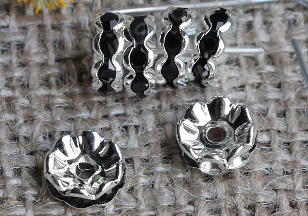 Рондель 16 10*10*4мм серебристый с чёрными стразами (Brass)