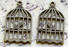 Подвеска Клетка 03 3D двусторонняя с птичкой 26,3*15,7*1,5мм античная бронза (литьё)