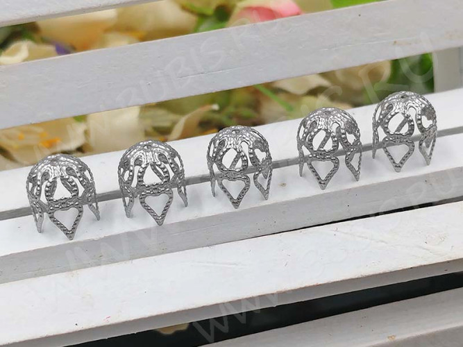 Шапочка тонкая 071 ажурная сердечки 10*9*9мм цвет платины (Хирургическая сталь)