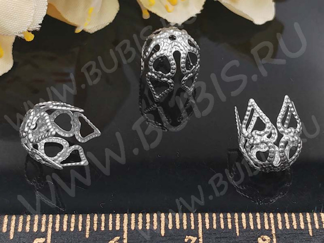 Шапочка тонкая 071 ажурная сердечки 10*9*9мм цвет платины (Хирургическая сталь)