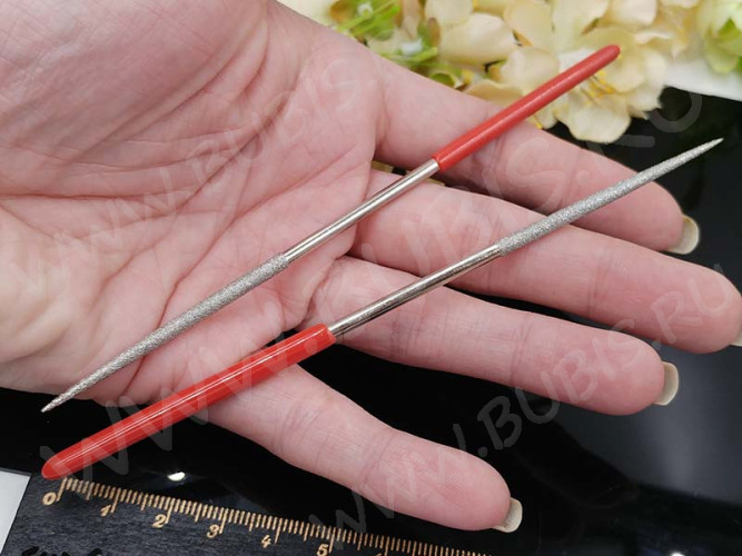 Надфиль (мелкий напильник) 02 округлый цилиндр 14см с красными ручками (инструменты для бижутерии)