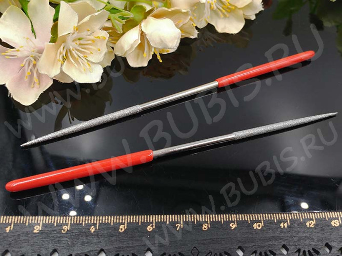 Надфиль (мелкий напильник) 02 округлый цилиндр 14см с красными ручками (инструменты для бижутерии)