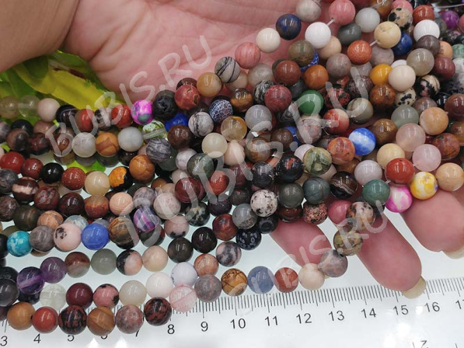 (ОПТ) Бусина округлая 8мм каменный МИКС (камни) (НИТЬ)