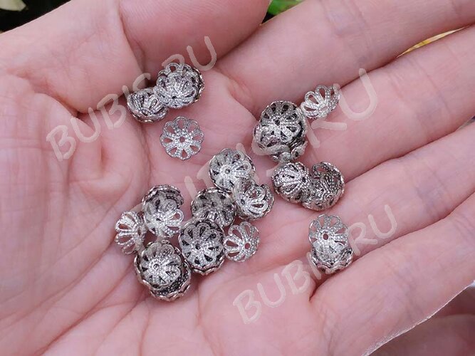 Шапочка тонкая 021 ажурная чашечка плотная 8*8*2,8мм цвет платины (Brass) (имитация скани) (10шт.)