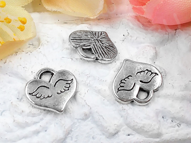 (СКИДКИ!!!) Подвеска Сердечко 74 с крылышками 10*9,5*1,3мм античное серебро (литьё) (10шт.)