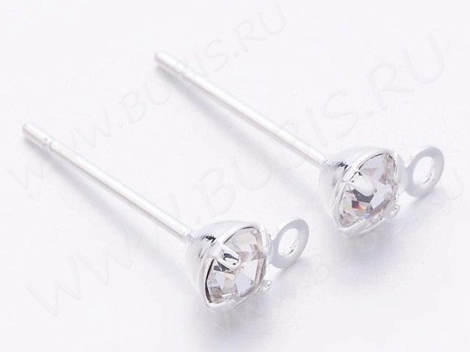 Пуссеты ("гвоздики") №182 с петелькой и со стразом 4мм 15мм серебристые (Iron) (1 пара)