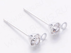 Пуссеты (&quot;гвоздики&quot;) №182 с петелькой и со стразом 4мм 15мм серебристые (Iron) (1 пара)