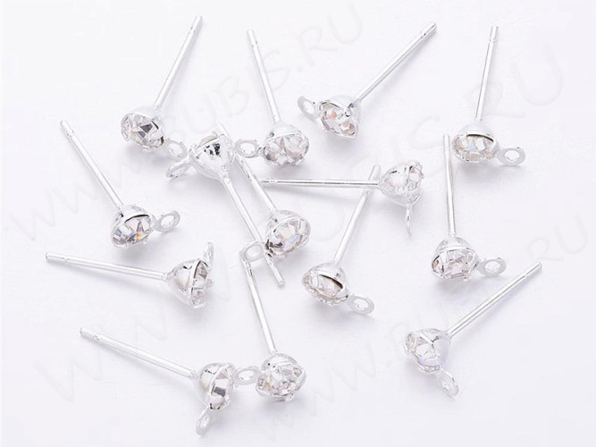 Пуссеты ("гвоздики") №182 с петелькой и со стразом 4мм 15мм серебристые (Iron) (1 пара)