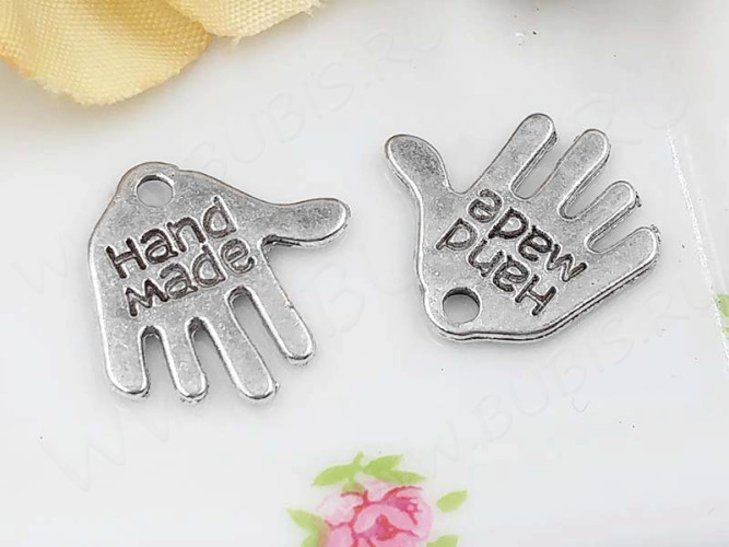 Подвеска Ладошка 01 двусторонняя "Hand Made" 13,2*12,3*1мм античное серебро (литьё)