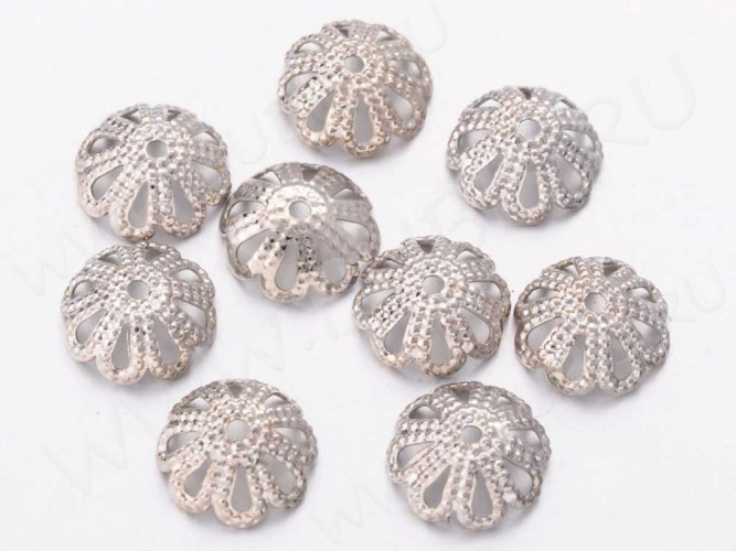 (СКИДКИ!!!) Шапочка тонкая 021 ажурная чашечка плотная 8*8*2,8мм цвет платины (Brass) (имитация скани) (50шт.)