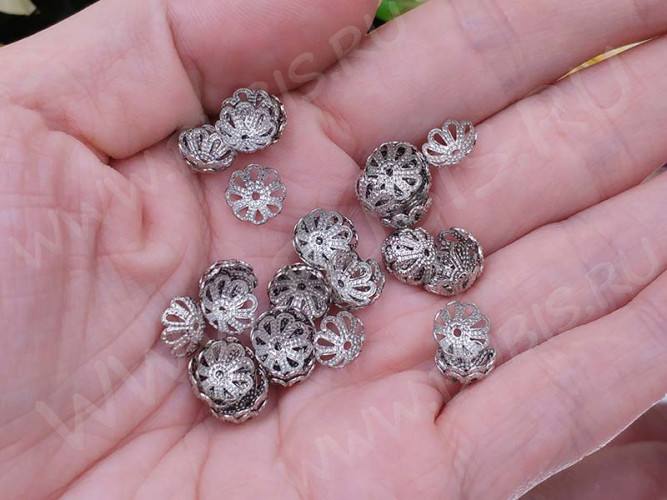 (СКИДКИ!!!) Шапочка тонкая 021 ажурная чашечка плотная 8*8*2,8мм цвет платины (Brass) (имитация скани) (50шт.)