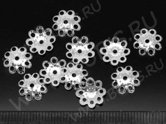 (СКИДКИ!!!) Шапочка тонкая 053 ажурная простая 10*10*2мм серебристая (Iron) (имитация скани) (100шт.)