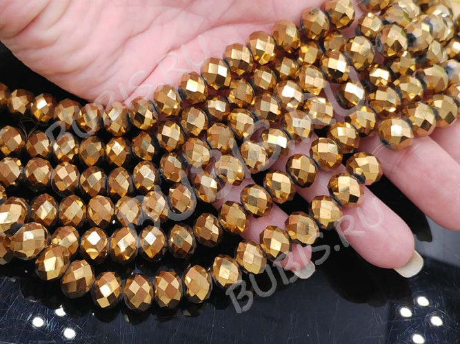 (ОПТ) Бусина кристалл Абакус гранёный 10*10*7,5мм т.золотистый непрозрачный (имитация Сваровски) (НИТЬ)