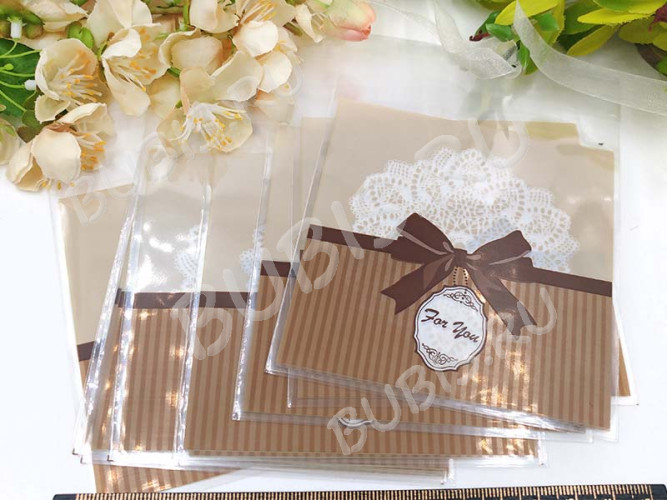 Пакет 23 с липким слоем 10*10см c бантиком и For You прозрачный (упаковка) (10шт)