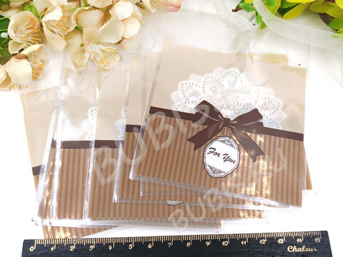 Пакет 23 с липким слоем 10*10см c бантиком и For You прозрачный (упаковка) (10шт)