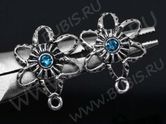 Пуссеты (&quot;гвоздики&quot;) №029 Цветочек со стразом 20*16*15мм античное серебро и голубо-бирюзовый (литьё) (1 пара)