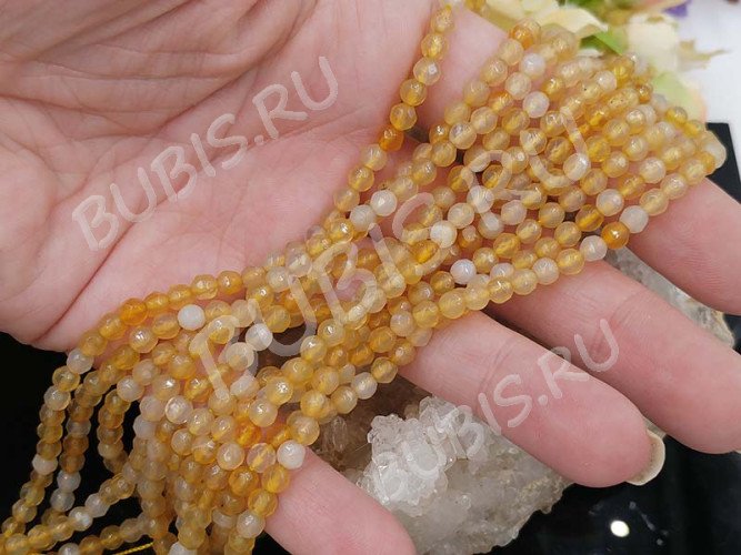 (ОПТ) Бусина округлая ГРАНЁНАЯ 4мм Агат медово-молочный натуральный (камни) (НИТЬ)