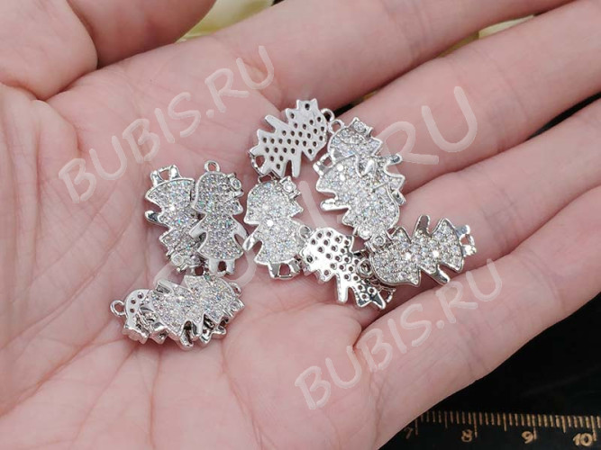 334 Коннектор Девочка с инкрустацией 18*11*2,5мм цвет платины и прозрачный (Milano LUX) (Brass и фианит)