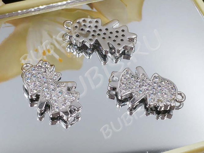 334 Коннектор Девочка с инкрустацией 18*11*2,5мм цвет платины и прозрачный (Milano LUX) (Brass и фианит)