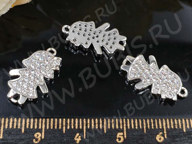 334 Коннектор Девочка с инкрустацией 18*11*2,5мм цвет платины и прозрачный (Milano LUX) (Brass и фианит)