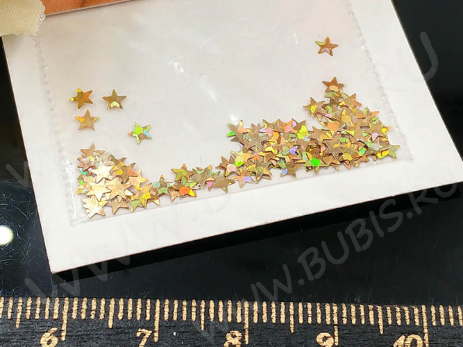 Наполнение для смолы и бутылочек 068 блёстки Звёздочки 3мм в пакетике золотистые голографические (украшения)