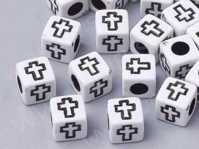 Бусина акриловая Кубик 14 с крестом 6*6*6мм белый непрозрачный (акрил)(20шт)