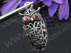 Подвеска Сова 38 3D Кулон ажурный 43*19*13,5мм античное серебро и красный (литьё)