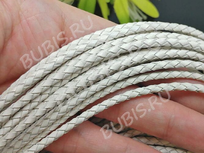Шнур кожаный 40 натуральный плетёный круглый 3мм белый (1м)
