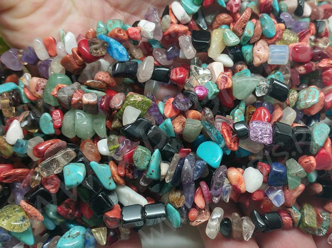 Крошка (галтовка) каменная 112 5-9мм Микс №07 яркий с Кораллом непрозрачно-полупрозрачный (камни) (нить 40см)