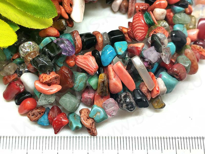 Крошка (галтовка) каменная 112 5-9мм Микс №07 яркий с Кораллом непрозрачно-полупрозрачный (камни) (нить 40см)