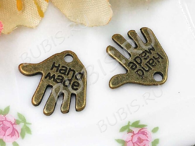 Подвеска Ладошка 01 двусторонняя "Hand Made" 13,2*12,3*1мм античная бронза (литьё)